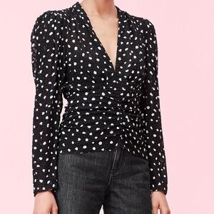REBECCA TAYLOR Nova Dot Black & White Ruched Long Sleeve Blouse NWT Sz. 10